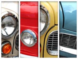decades of classic cars in red white blue and yellow