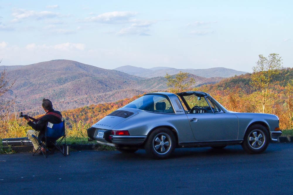 Classic Porsche parked on the side of the road in Shenandoah national park