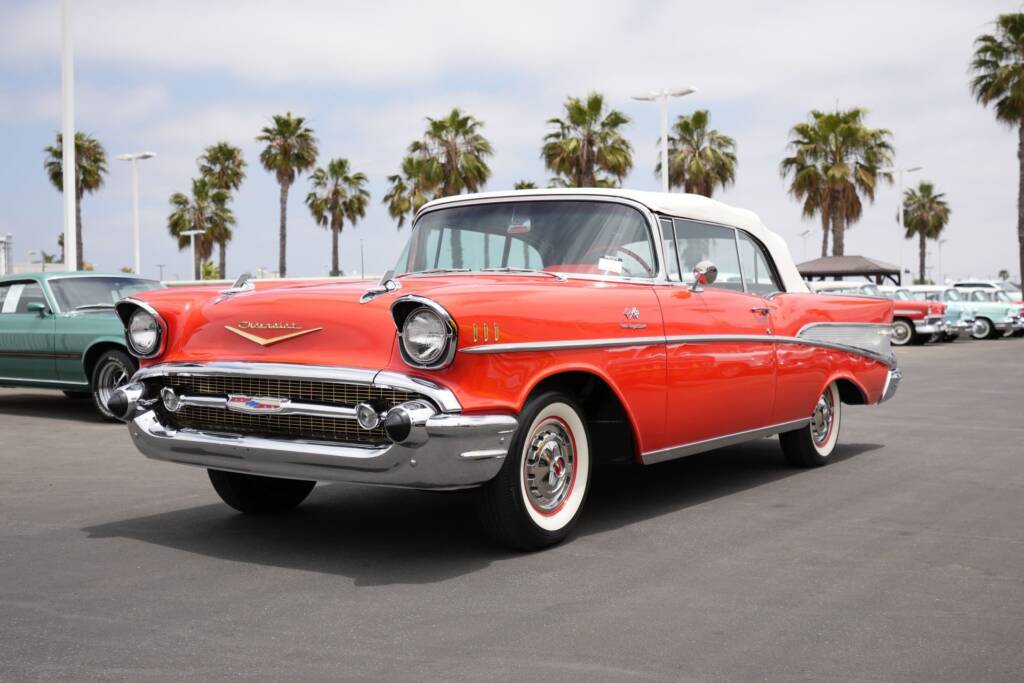 Classic Chevrolet Bel Air Fuelie with palm trees and beach scenery