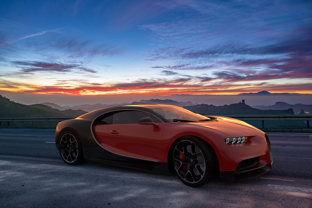 Bugatti Chiron on a scenic road in the mountains 