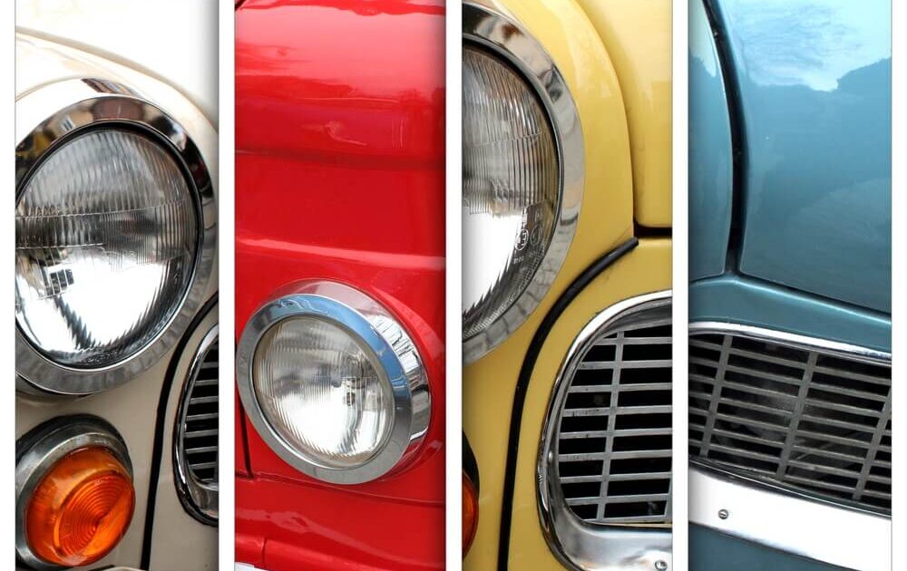 decades of classic cars in red white blue and yellow