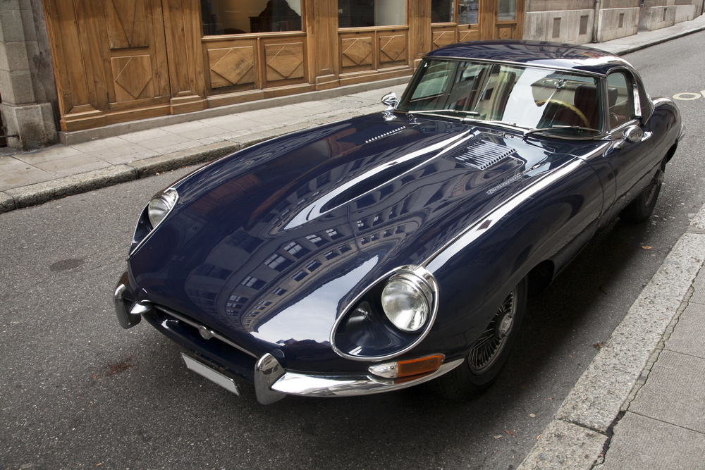 Classic blue Jaguar E-type sports car
