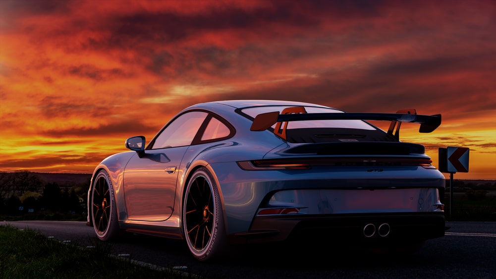 Porsche 911 GT3 RS with sunset background