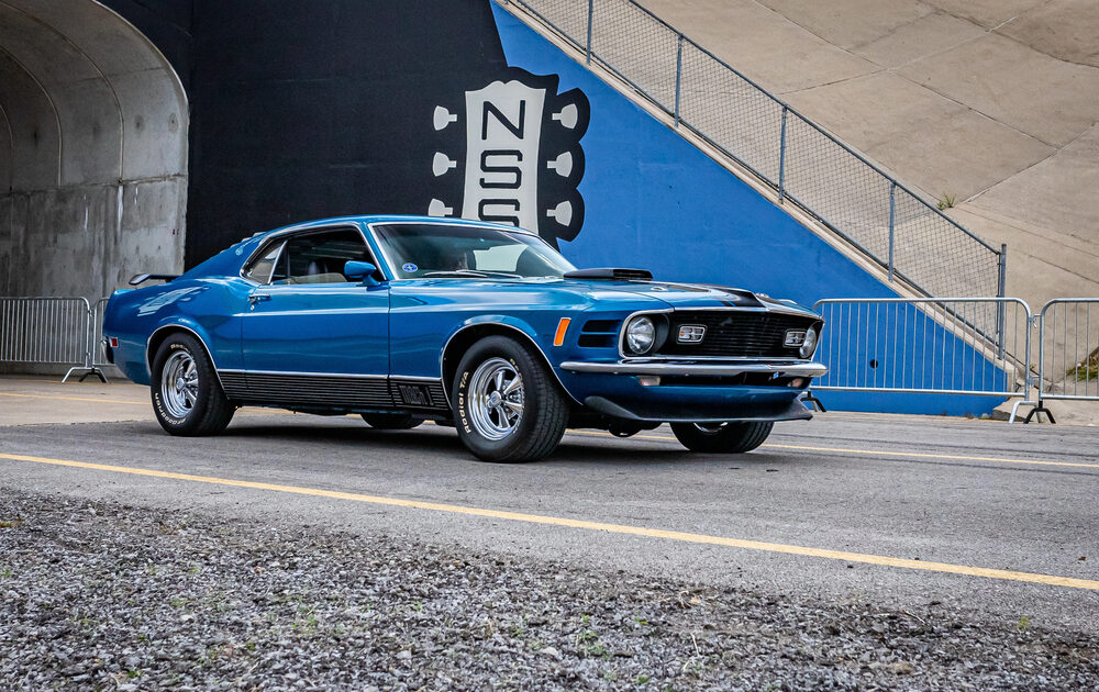 Blue classic ford mustang car loan