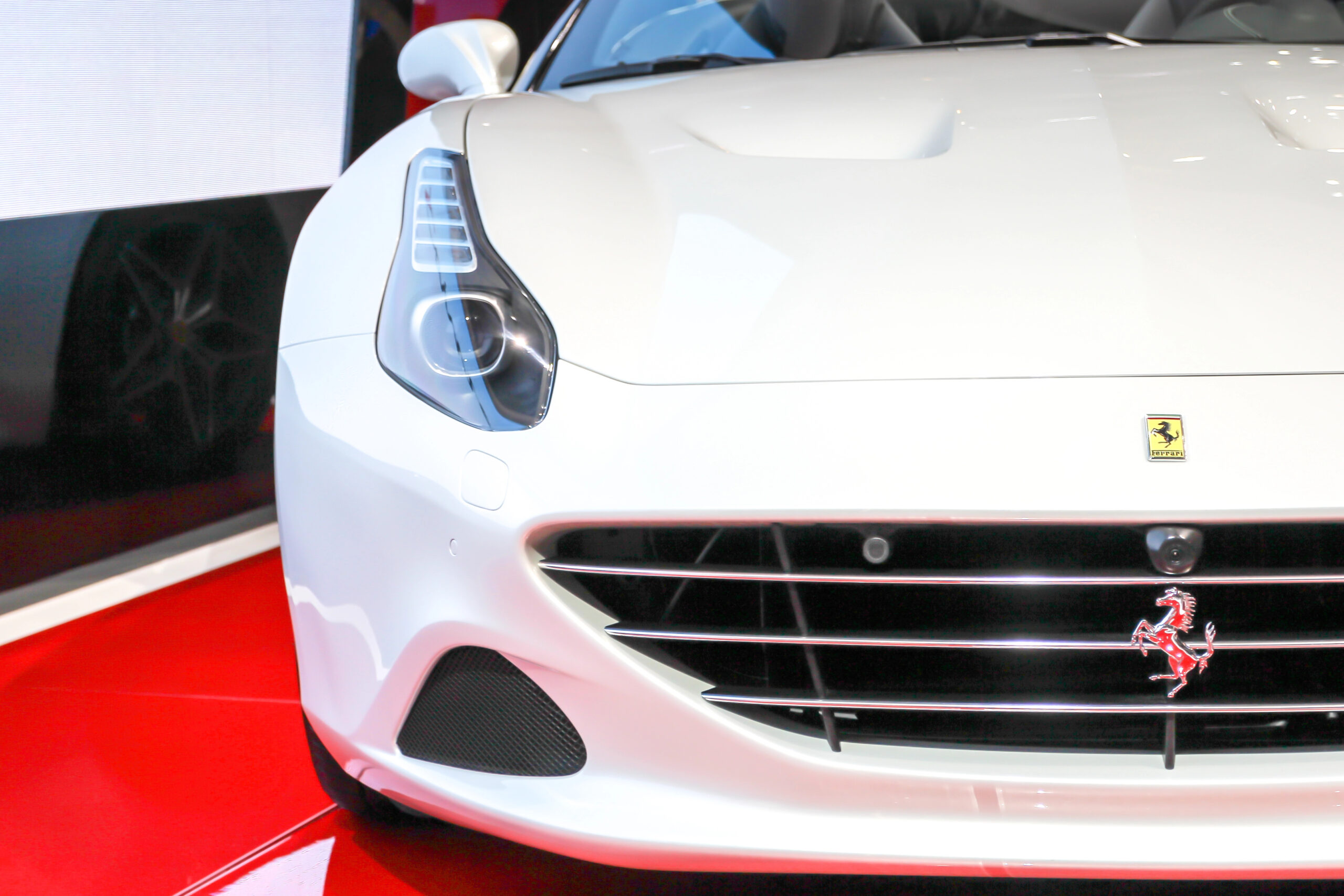 Pristine white Ferrari California T grille on the showfloor