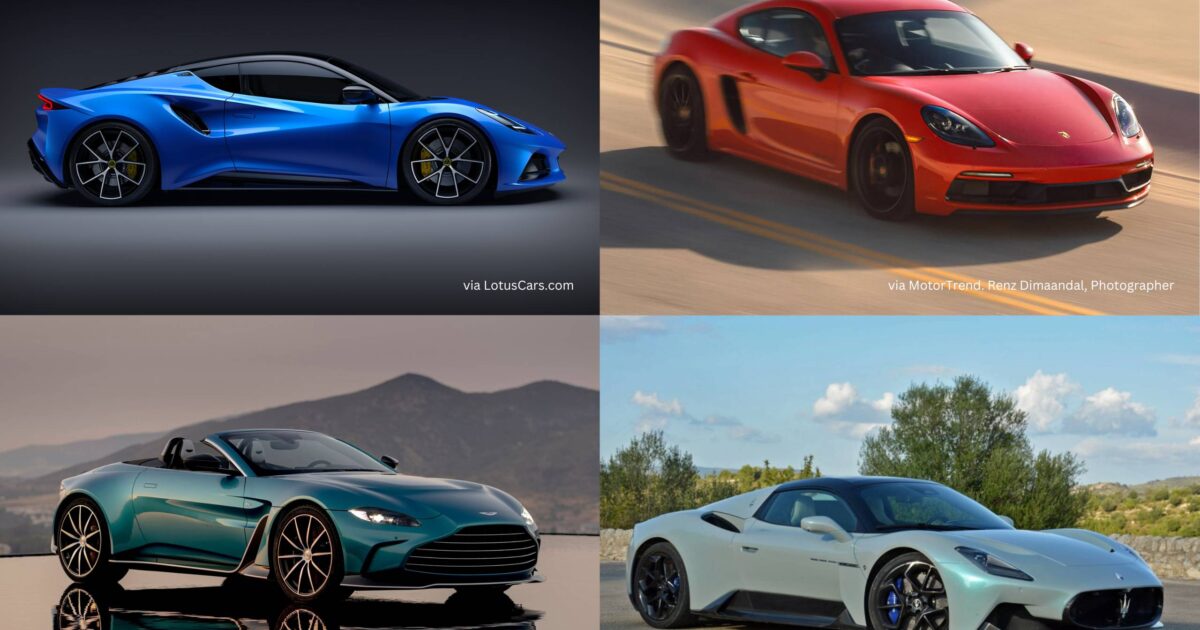 Photo of the Lotus Emira, Porsche Cayman GTS 4.0, Aston Martin Vantage, Audi R8, Maserati MC20. Most Underrated Exotic Cars in 2023
