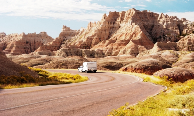RV driving on the Badlands loop road in South Dakota